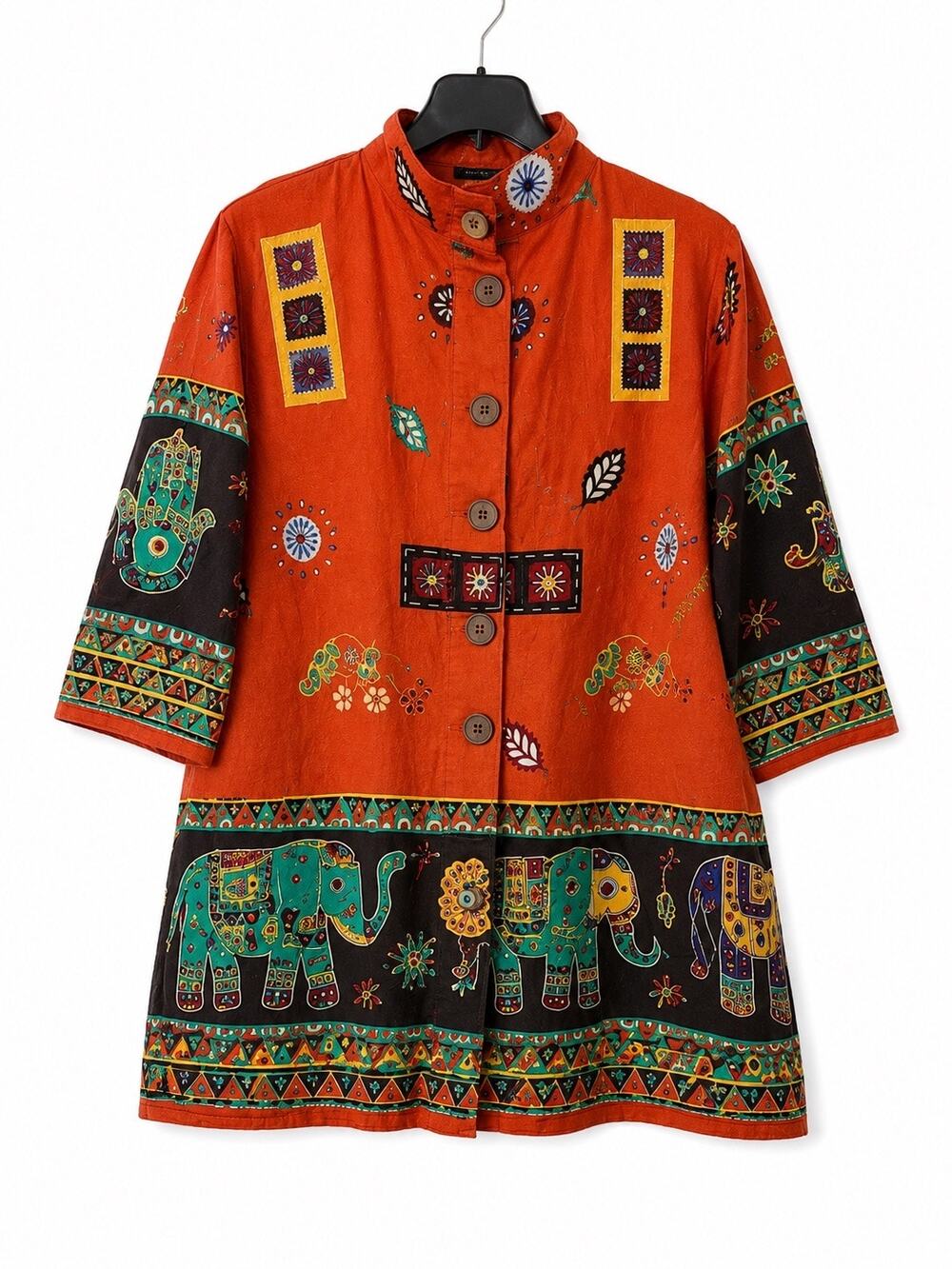 Indian Boho Elephant Print Jacket Womens L Orange Ethnic Festival Button Coat